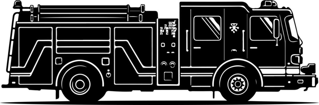 Fire truck, emergency vehicle, rescue transport, black illustration