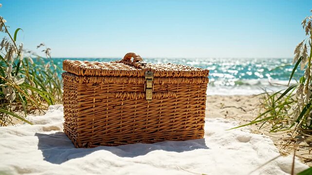 Wicker picnic basket with metal latch. Brown woven container. Natural wood hamper latch weave lid handle.