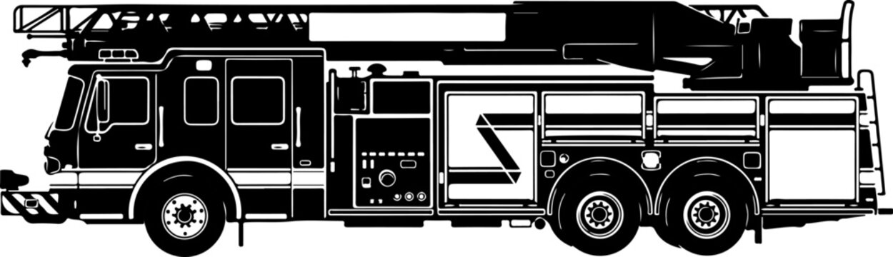 Fire truck, emergency vehicle, rescue truck, black and white vector