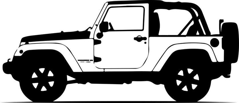 Black and white Jeep Wrangler vector silhouette, side view, off-road vehicle icon, automotive graphic