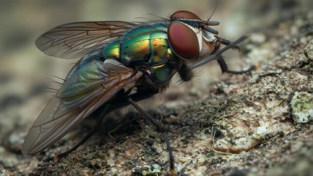 Macro of an iridescent screwworm fly resting on a textured surface. 4K Video