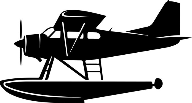 Black silhouette seaplane, float plane icon, aircraft illustration, vector graphic