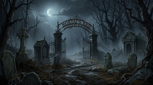 Spooky cemetery entrance gate with Mortal's End Cemetery text under a crescent moon, dark gothic horror background.