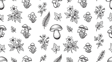 Vintage mushroom and oak leaf line art seamless pattern © Vistara Studio