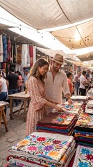 Obraz premium Couple shopping for colorful fabrics at an outdoor market