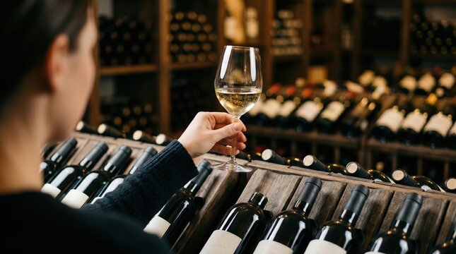A woman holds a glass of wine while looking at rows of wine bottles in a shop. The sunlight shines through the windows, creating a warm atmosphere for tasting wine