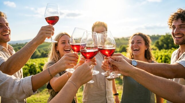 Group of friends gather in a vineyard on a sunny afternoon. They raise their glasses of red wine and smile, celebrating and enjoying their time together in nature