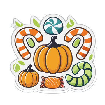 Cartoon Halloween candy and pumpkins illustration