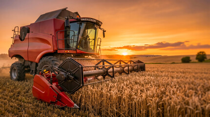 Fototapeta premium A combine harvester works in a wheat field as the sun sets in the background. The machine cuts through crops while dust rises around it, marking the end of the day