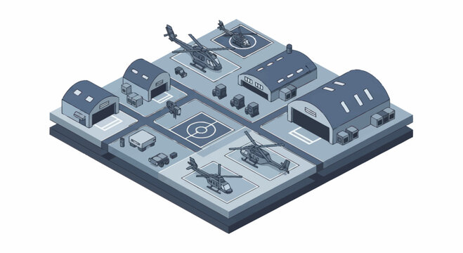 Helicopter military base isometric illustration with hangars and helipads.