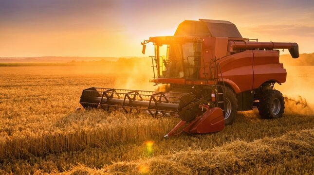 A combine harvester processes crops in a field at sunset. Dust rises as the machine moves, showing the work of farming in a rural location