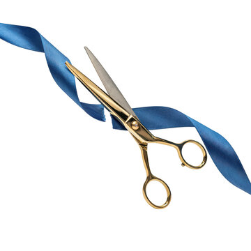 Shiny gold scissors in the act of cutting a flowing blue silk ribbon, representing a grand opening ceremony, isolated on a black background