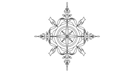 Ornate Compass Rose Mandala, Nautical Star Design, Black and White Line Art © Ahmad
