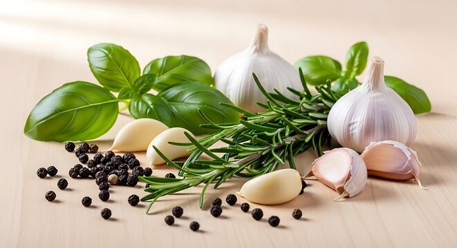 Fresh herbs and spices with black peppercorns on neutral background
