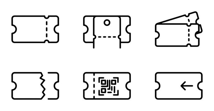 Ticket Icons Set, Event Pass Graphics, Admission Stub Vector Collection, QR Code Entry