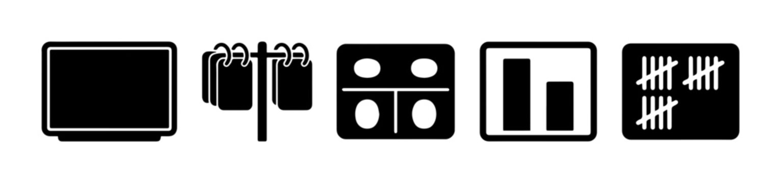 Set of 5 Black Icons: Screen, Calendar, Domino, Bar Chart, Tally Marks