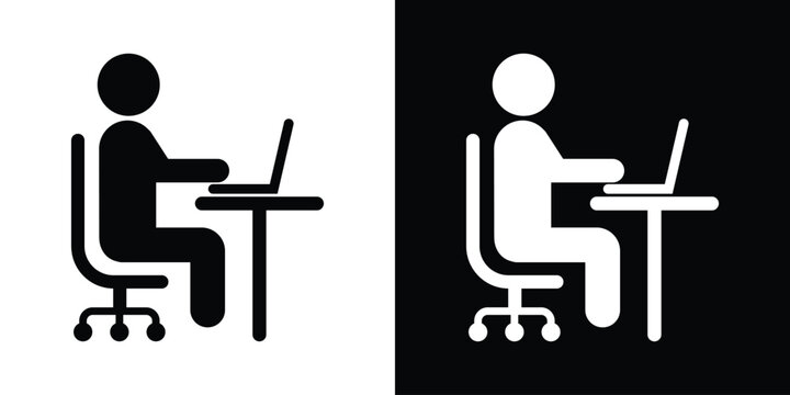 Person sitting in an office chair working on a laptop computer. Simple vector icon representing freelance work, education, or modern business.