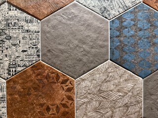 Hexagonal tiles with various textures and patterns for architectural design background © dvoevnore