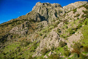 Fototapeta premium Rocky mountain landscape above boka kotorska bay from kotor montenegro.