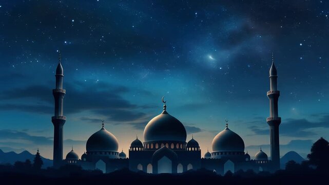 Mosque silhouette at night under a starry sky. Domes and crescent moons visible against dark blue clouds. Static footage for Ramadan and Eid background celebrations.