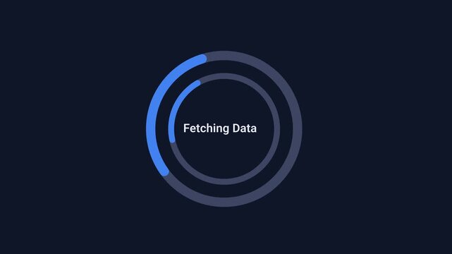 Animated digital interface displaying a data fetching progress ring with status text on a dark background, representing information retrieval, data acquisition, network communication, and system proce