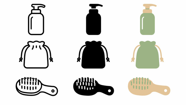 Minimalist icons of soap dispenser, drawstring bag, and hairbrush