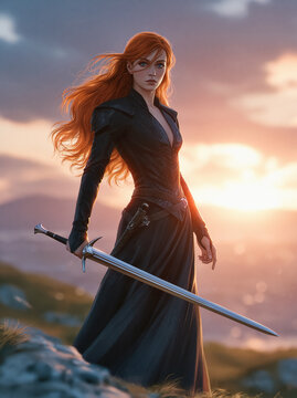A shield maiden with red hair and a drawn sword.