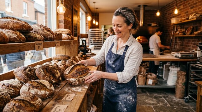 Baker holding artisanal sourdough bread in a bakery
