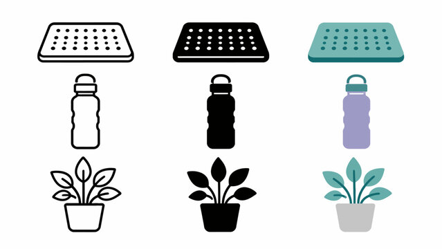 Water bottles, planters, and cheese graters icon set in various styles and colors