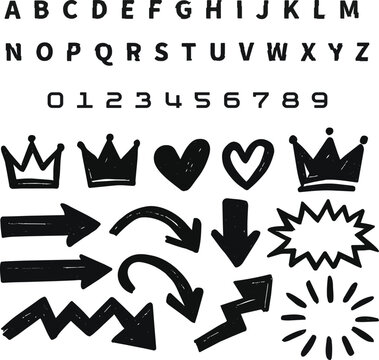 hand drawn black marker scribble alphabet numbers arrows crowns and speech bubble vector accents
