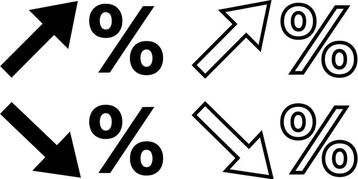 Set of percentage sign and arrow icons showing growth and decline trends for financial analysis and business statistics