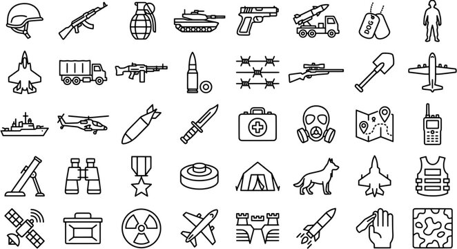 Set of military and war equipment line icons featuring combat gear, weapons, vehicles and tactical supplies.