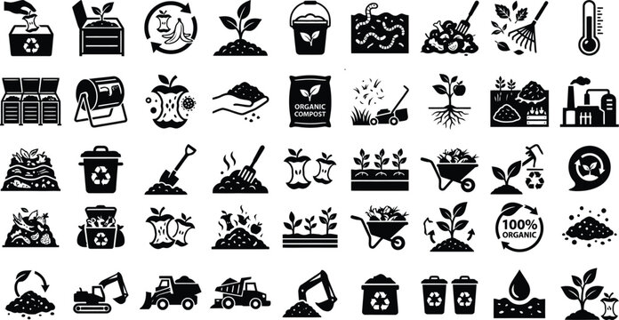 Composting and organic waste recycling icon set with an apple core and a plant