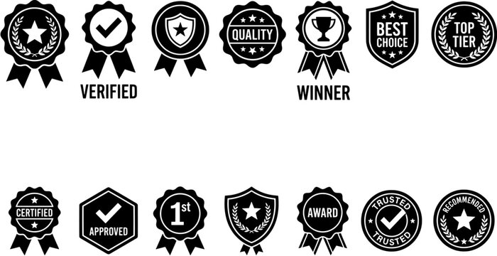 Set of black and white quality badges and award emblems with checkmarks, stars and ribbons for business certification and customer trust.