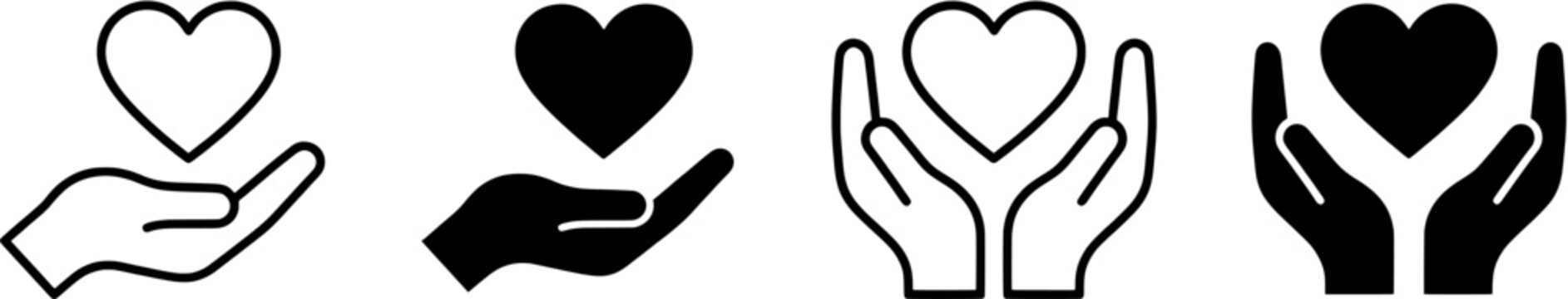 Set of hand holding heart icons representing care, charity and love in linear and solid vector styles