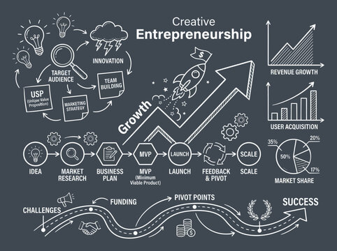 Creative Entrepreneurship Business Growth Strategy Infographic with Charts and Icons.