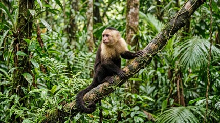 Naklejka premium Capuchin monkey behavior in tropical rainforest close-up wildlife photography of nature's lush green environment