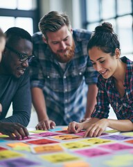 Fototapeta premium Diverse coworkers focus intently as they organize vibrant personality cards and sticky notes on a round table bright meeting room bathed in natural window light emphasizing