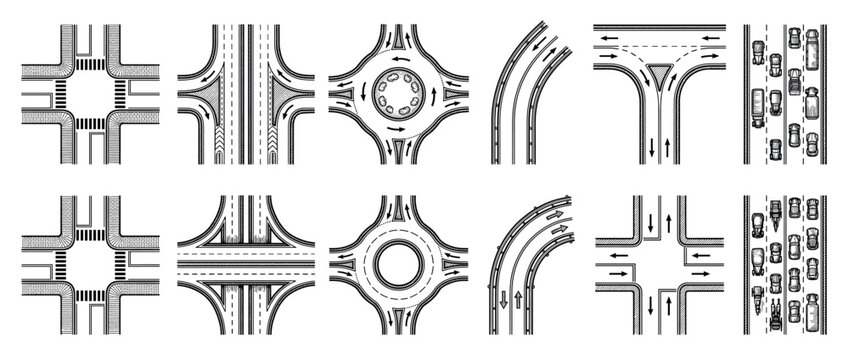 Collection of road junction and traffic illustrations in a black and white engraved style showing various intersections, roundabouts, highways, and traffic flow from a top-down view