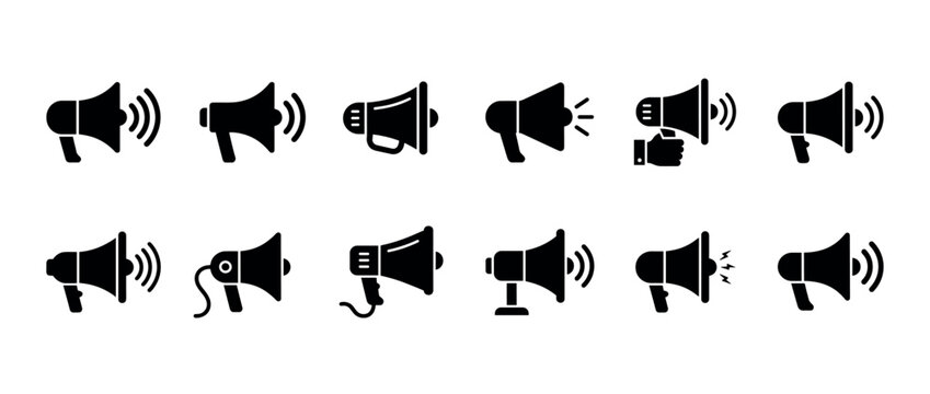 Megaphone and loudspeaker black glyph icon set for communication, announcement, and marketing concepts, featuring various bullhorn designs with sound waves and alert symbols