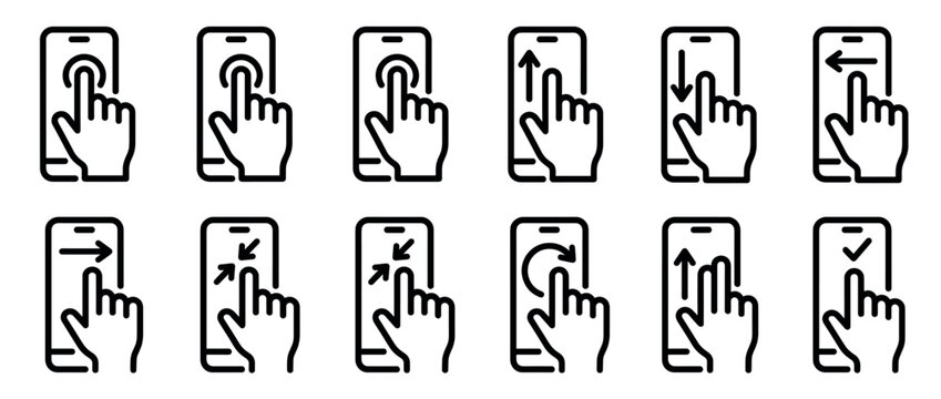 Set of touch screen gesture icons showing various hand movements for smartphone user interface navigation, including tap, swipe, pinch, and rotate actions in a simple line art style