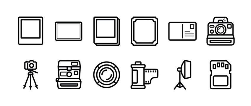 Collection of twelve black line art icons representing photography equipment and elements like instant cameras, film rolls, memory cards, and studio lighting in a simple outline design