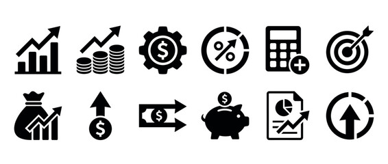 Fototapeta premium Set of black finance and business icons for economic growth concepts, including a piggy bank, money bag, calculator, target, and various charts for investment and profit
