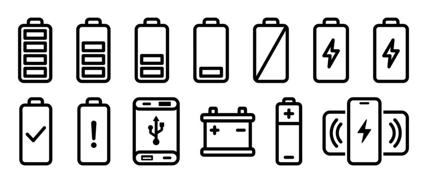Set of black line icons representing various battery types and charging statuses for user interface design, including level indicators, power banks, and wireless charging symbols