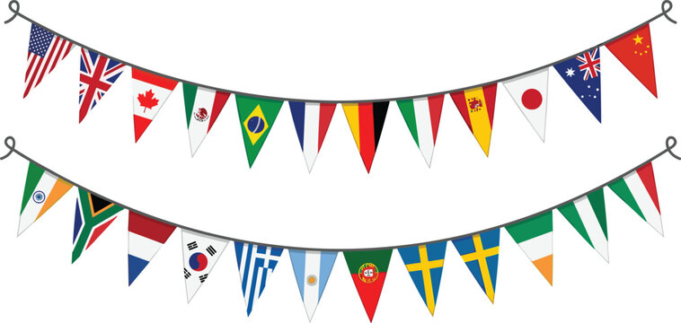 Double String Hanging World Flags Bunting Garland Vector Set with International Pennant Banners for Global Festivals National Celebrations Events and Cultural Holiday Decorations