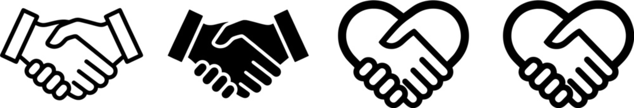 Set of handshake icons and heart shaped hand signs representing business partnership and love connection