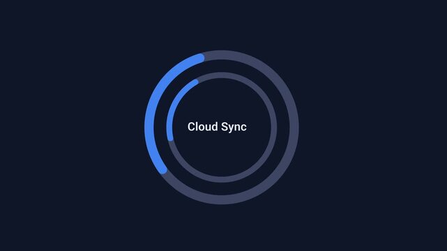 Animated digital interface displaying a cloud synchronization progress ring with status text on a dark background, representing cloud data transfer, online connectivity, backup operations, and system 