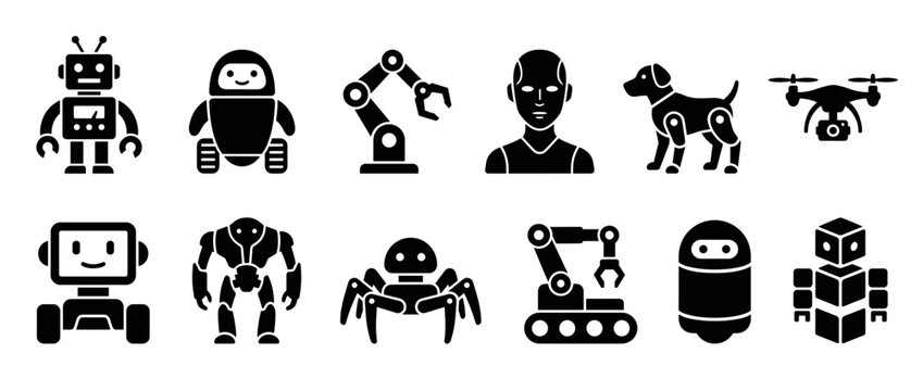 Set of black robot glyph icons featuring various types of androids, drones, industrial arms, and futuristic machines for artificial intelligence and automation concepts