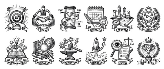 Obraz premium Set of twelve black and white business icons in a vintage woodcut style illustrating concepts of project management, strategy, teamwork, development, and achievement