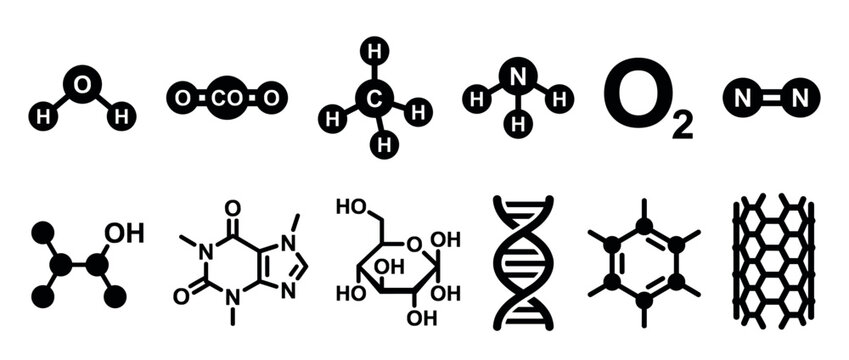 Collection of black chemical molecule icons showing various scientific structures like water, DNA, glucose, and carbon nanotubes for educational or research concepts